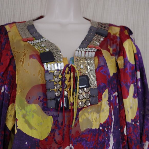 MAGASCHONI Collection BLOUSE TUNIC EMBELLISHED JEWELED V NECK 3/4 SLEEVE Size:L - Picture 4 of 6